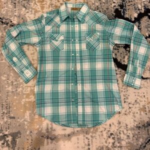 Wrangler Teal Plaid Button Down Shirt